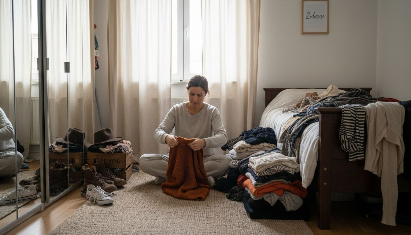 Eine Frau legt ihre Herbstgarderobe ordentlich auf dem Bett zurecht.