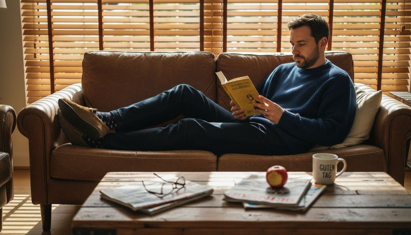 Ein Mann sitzt entspannt auf dem Sofa und liest, dabei trägt er einen gemütlichen Oversize-Pullover.