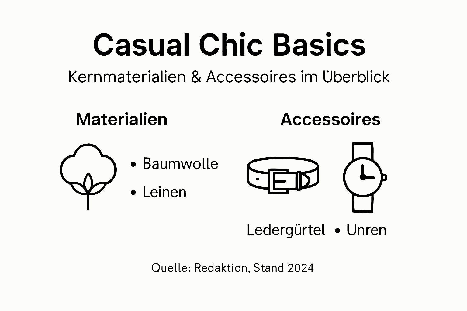 Unsere Infografik gibt einen Überblick über die wichtigsten Materialien für einen gelungenen Casual-Chic-Look.