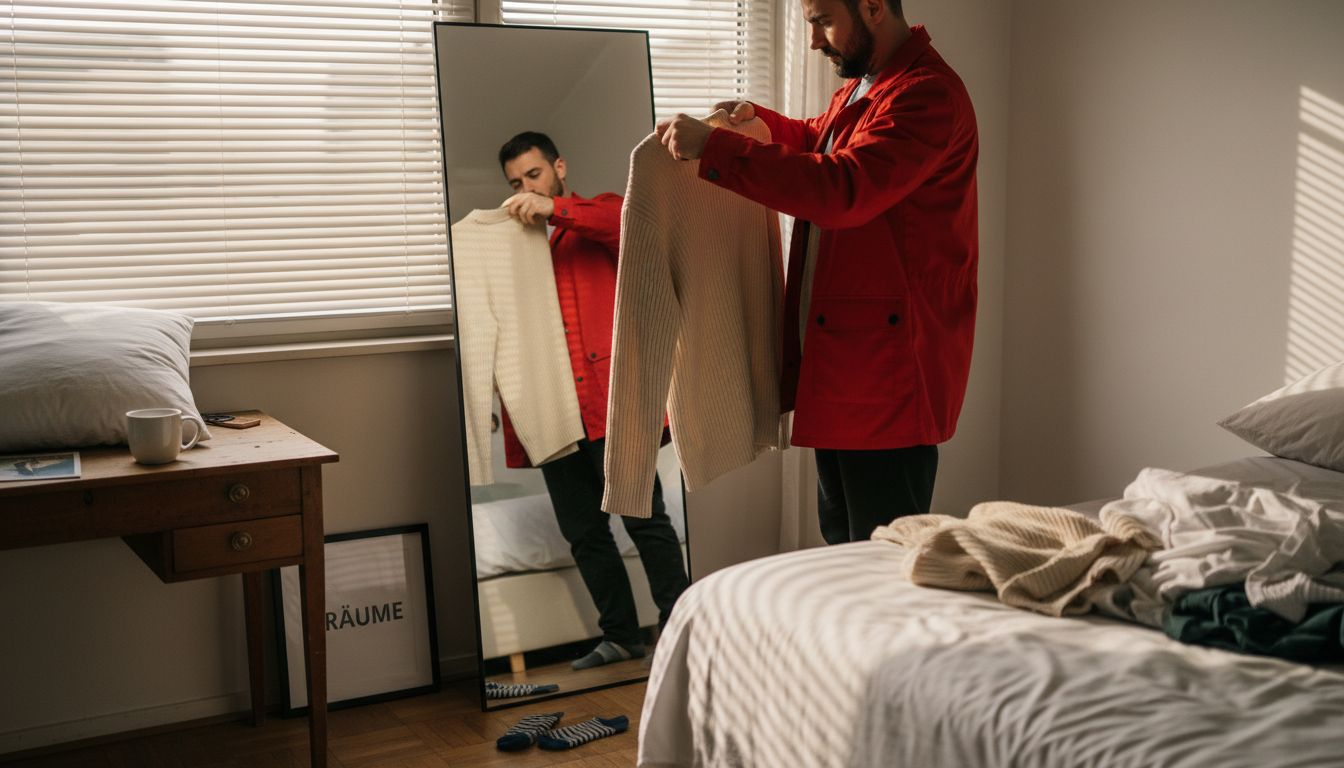 Ein Mann kombiniert verschiedene Kleidungsstücke mit unterschiedlichen Strukturen und kräftigen Farben zu einem modischen Lagenlook.