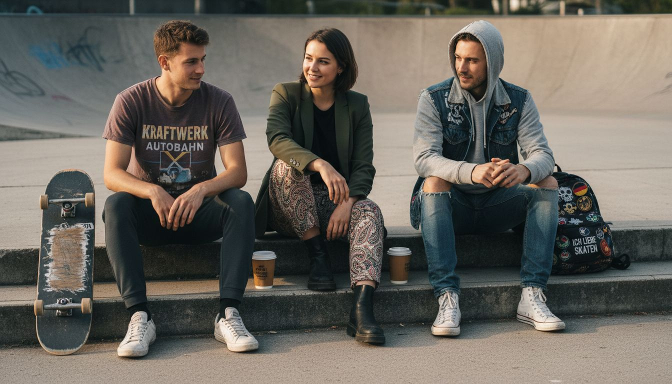 Eine Gruppe Freunde zeigt draußen ihren ganz eigenen Streetstyle.