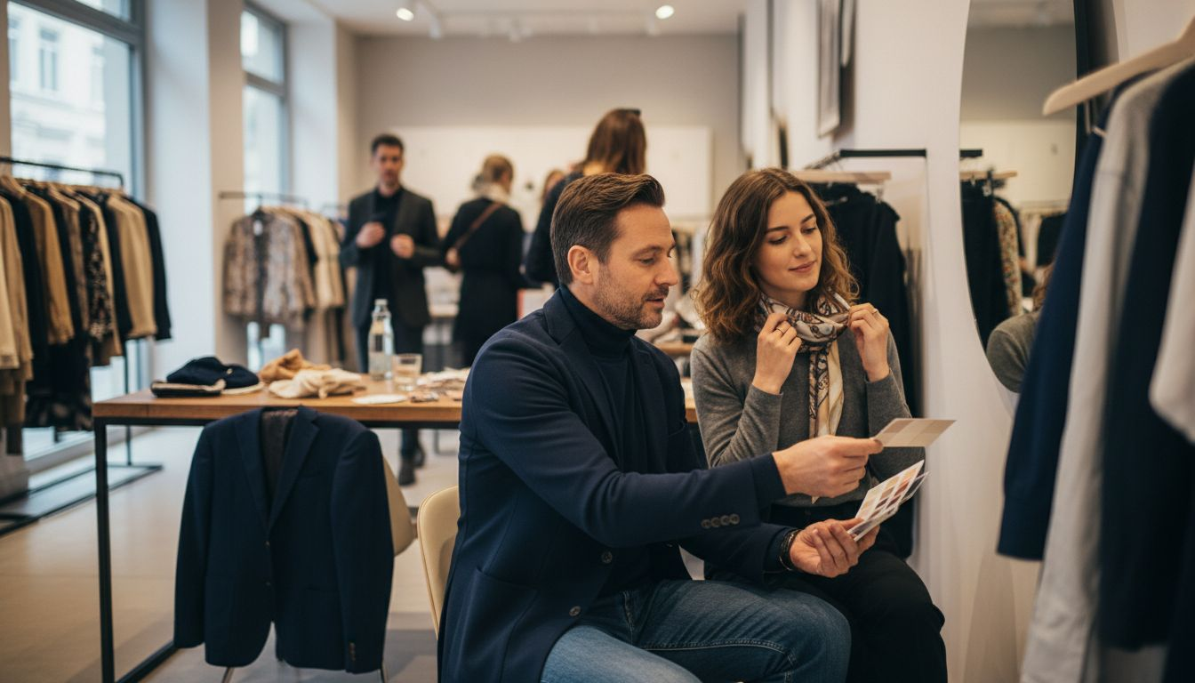 Ein Modeexperte berät eine Kundin bei der Auswahl ihres individuellen Farbtyps.