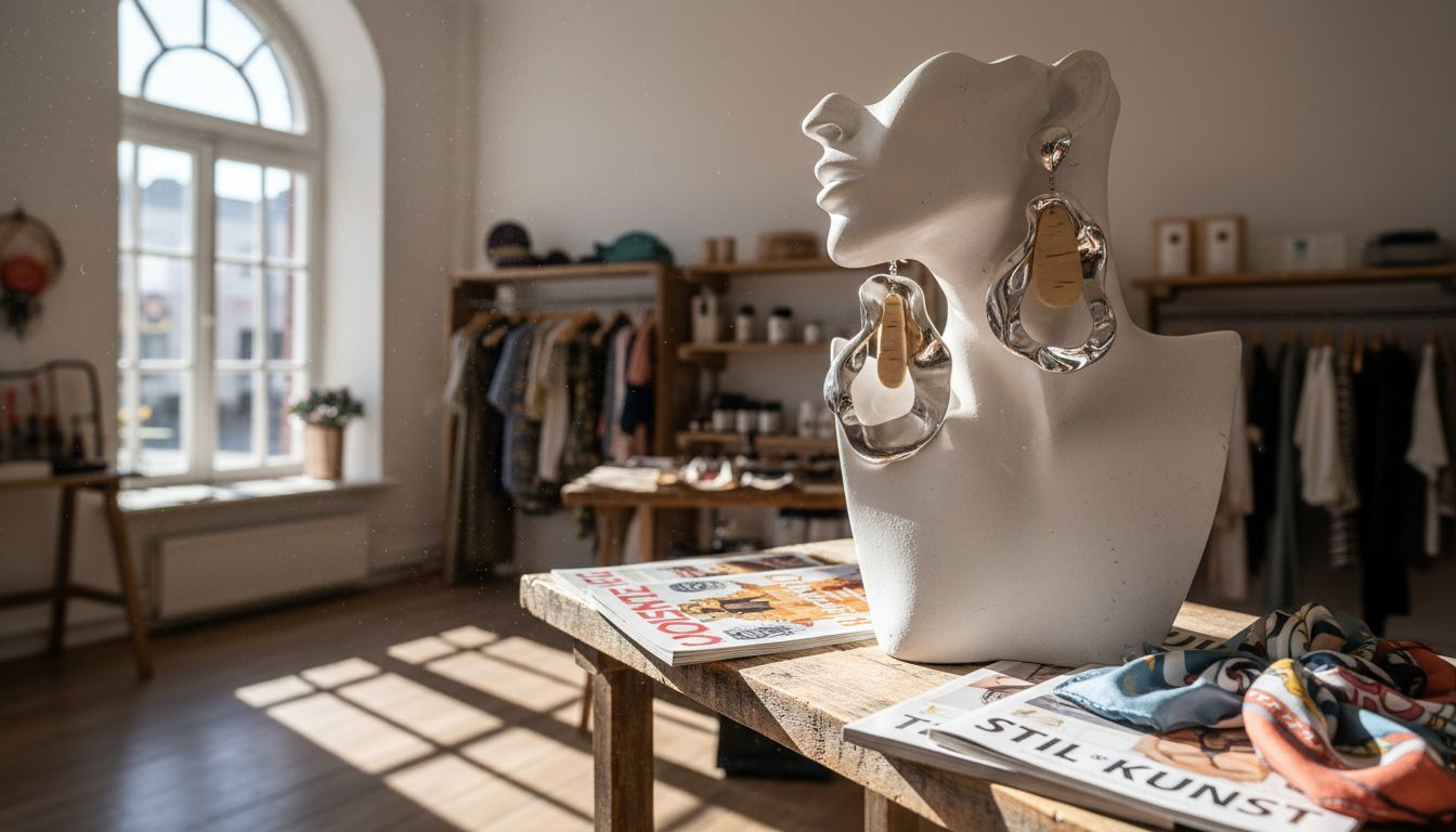 Schaufensterpuppe mit auffälligen Ohrringen aus recycelten Materialien
