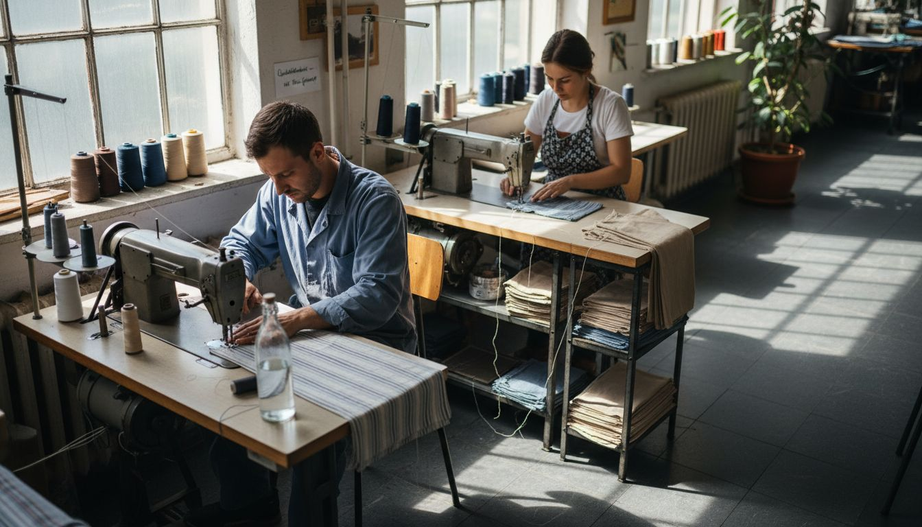 In unserer Werkstatt fertigen die Mitarbeiter Kleidungsstücke mit viel Sorgfalt und handwerklichem Geschick an.