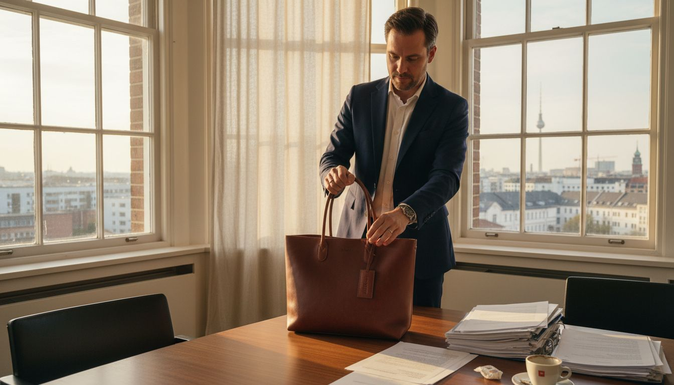 Ein Mann bringt seine Stofftasche mit ins Meeting im Büro.