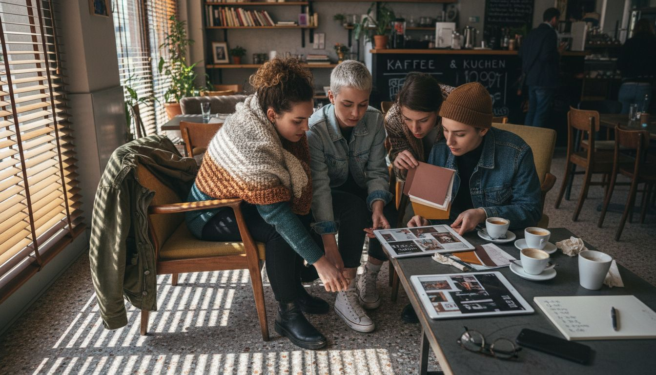 Eine Gruppe junger Leute tauscht sich gemeinsam am Tablet über Modetrends aus.