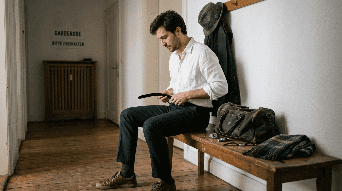 Ein Mann peppt sein schlichtes Outfit mit passenden Accessoires auf.