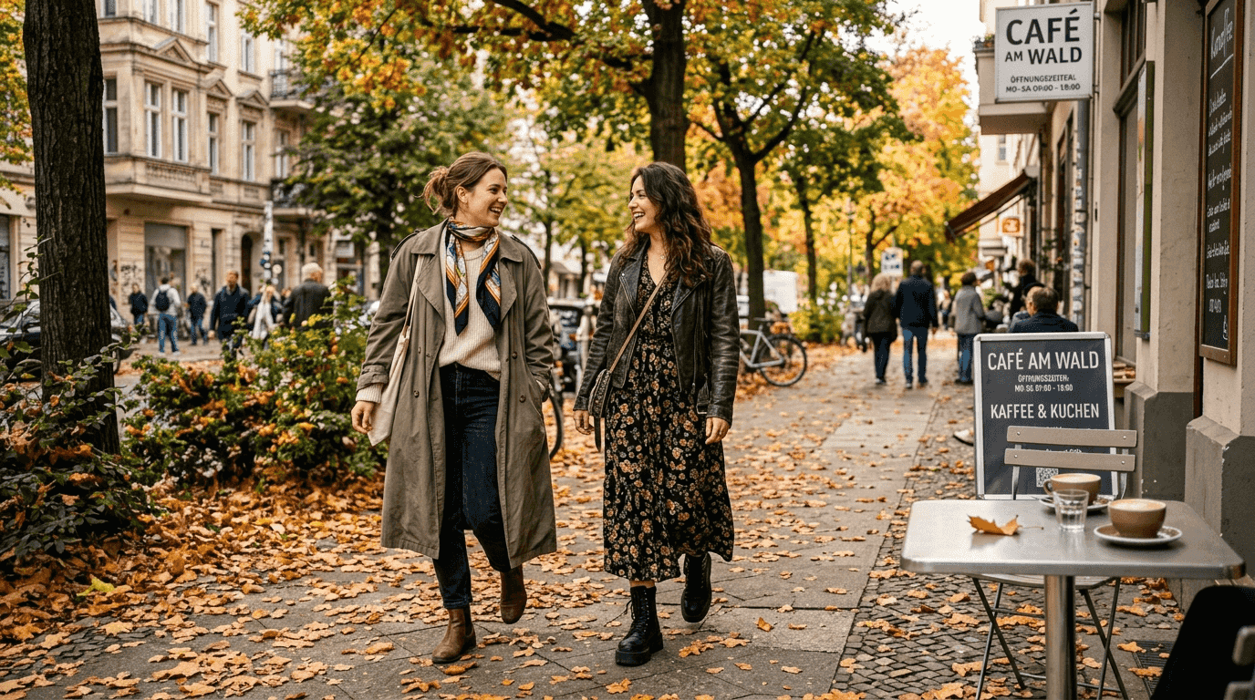 Freunde zeigen sich in angesagten Herbst-Looks auf den Straßen.