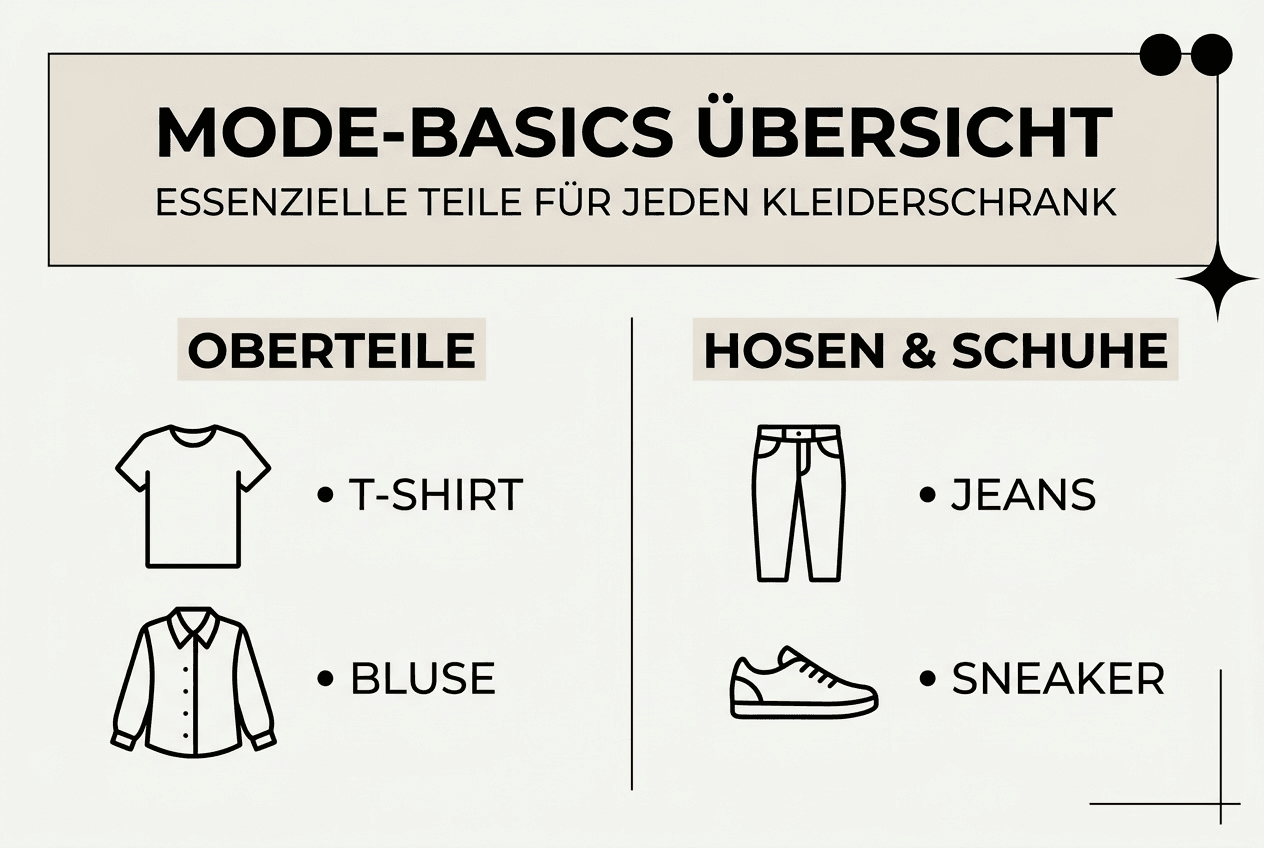 Diese Infografik gibt einen übersichtlichen Einblick in die wichtigsten Kategorien der Mode-Basics.