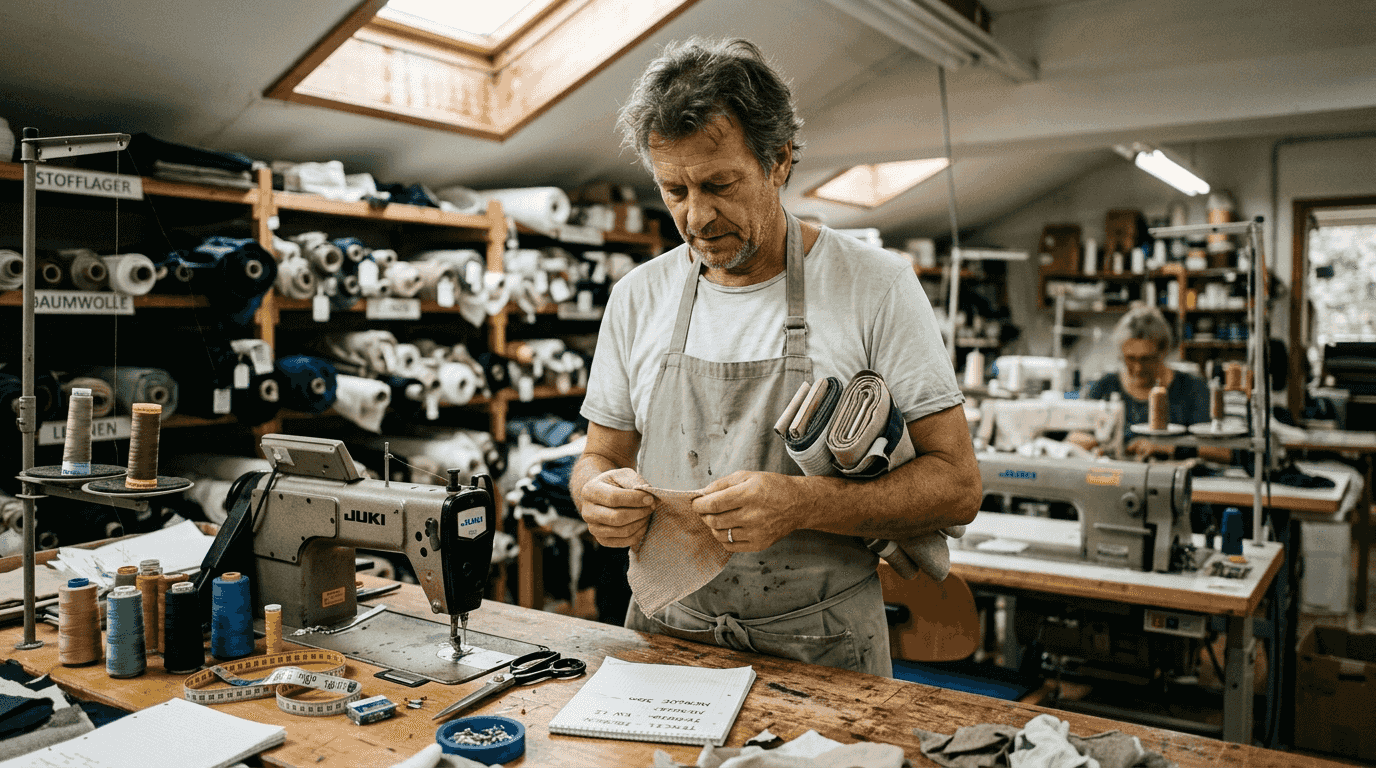 In der Manufaktur begutachtet ein Mitarbeiter sorgfältig den Tencel-Stoff.