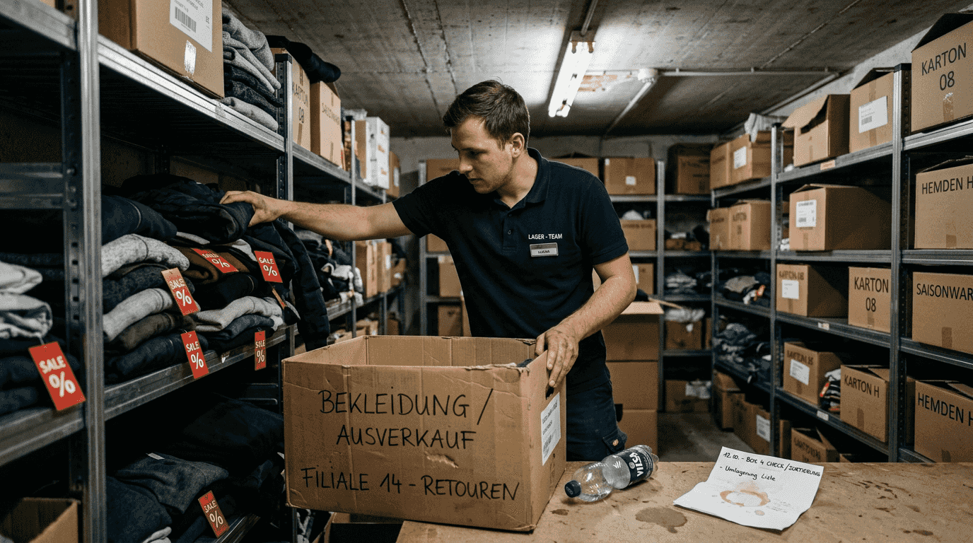 Ein Mitarbeiter bereitet die Kleidung für den Sonderverkauf vor und sortiert sie entsprechend.