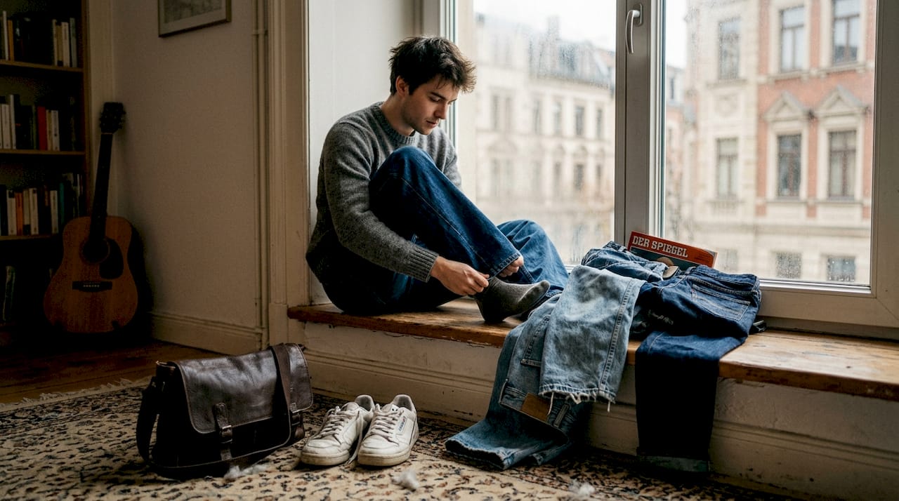 Ein Mann probiert zu Hause verschiedene Jeans-Schnitte an, um zu sehen, welche ihm am besten steht.