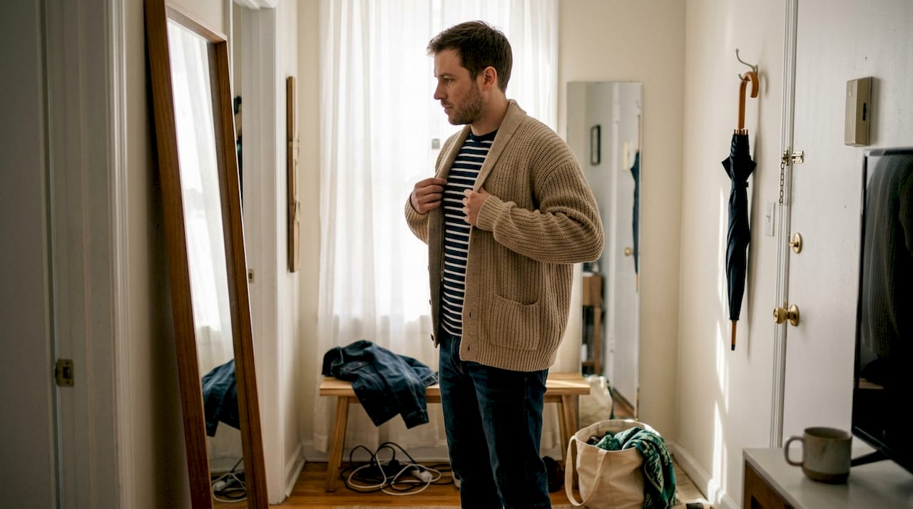 Ein Mann steht im Flur und probiert verschiedene Frühlingsoutfits aus, indem er sie geschickt kombiniert und übereinander trägt.