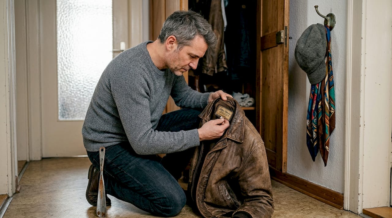 Ein Mann begutachtet das Etikett seiner Vintage-Jacke.