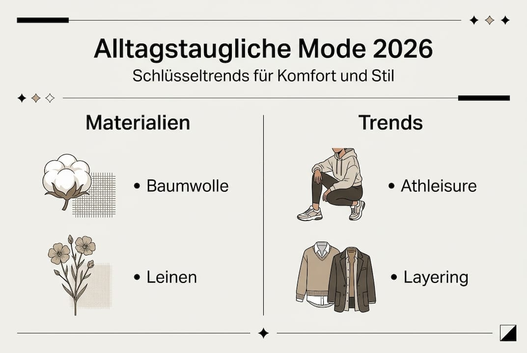 Diese Infografik stellt die wichtigsten Eigenschaften alltagstauglicher Mode übersichtlich dar.