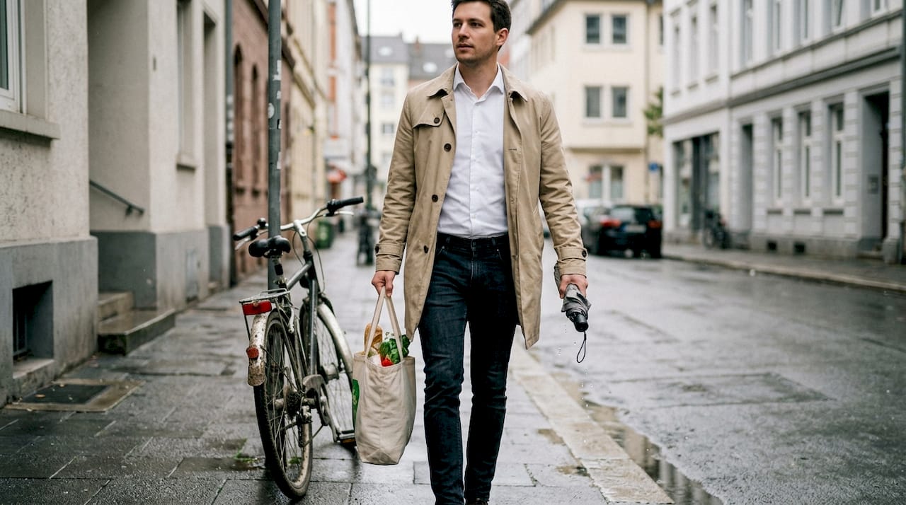 Ein Mann spaziert lässig gekleidet im Regen durch die Stadt.