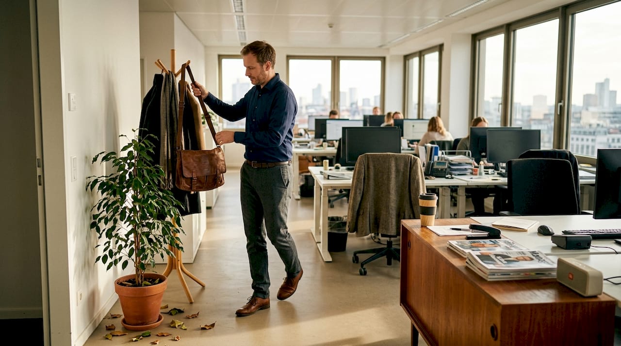 Ein Mann hängt seine Lederhandtasche im Büro an den Haken.