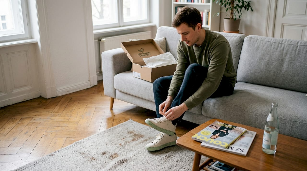 Ein Mann testet nachhaltige Sneaker in seiner Wohnung.