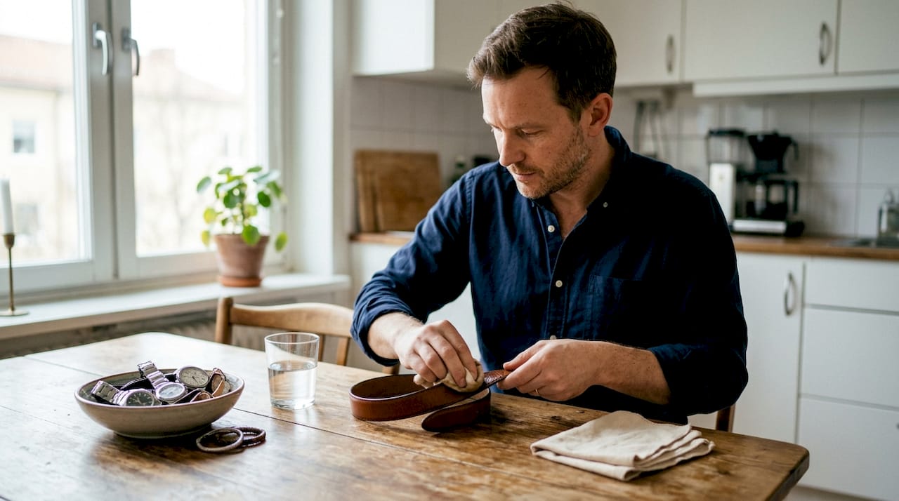 Ein Mann behandelt seinen Ledergürtel mit passenden Pflegeprodukten am Tisch.