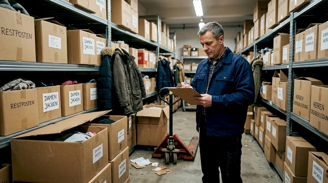 Ein Händler begutachtet saisonale Ware im Lager.