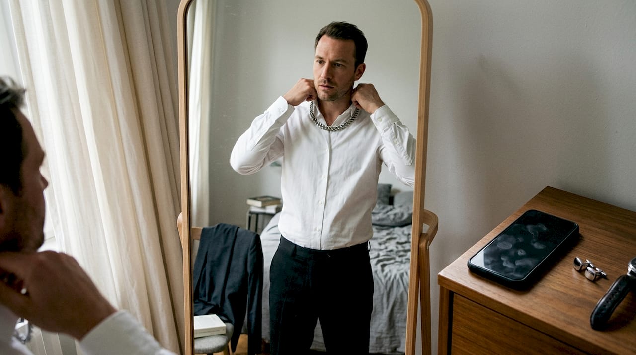 Ein Mann setzt mit einer Kette einen dezenten Akzent zu seinem schlichten Outfit.