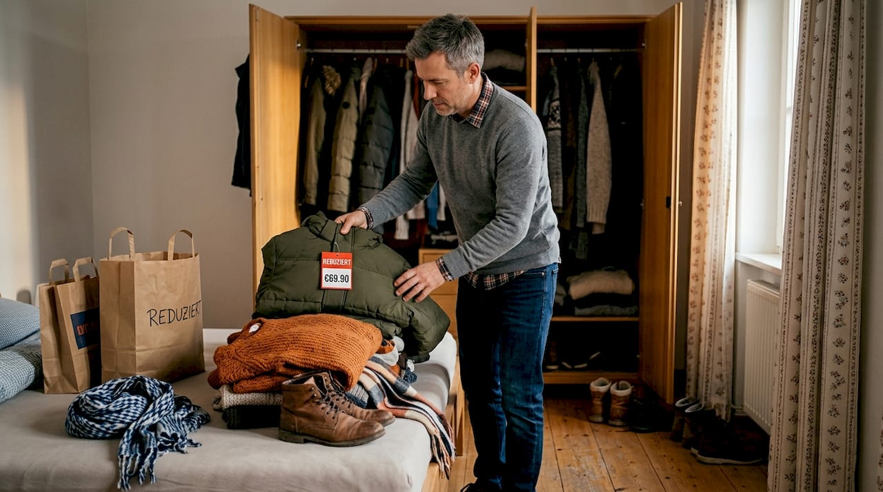 Ein Mann plant den Kauf von reduzierter Winterkleidung und sorgt dafür, die besten Angebote zu nutzen.