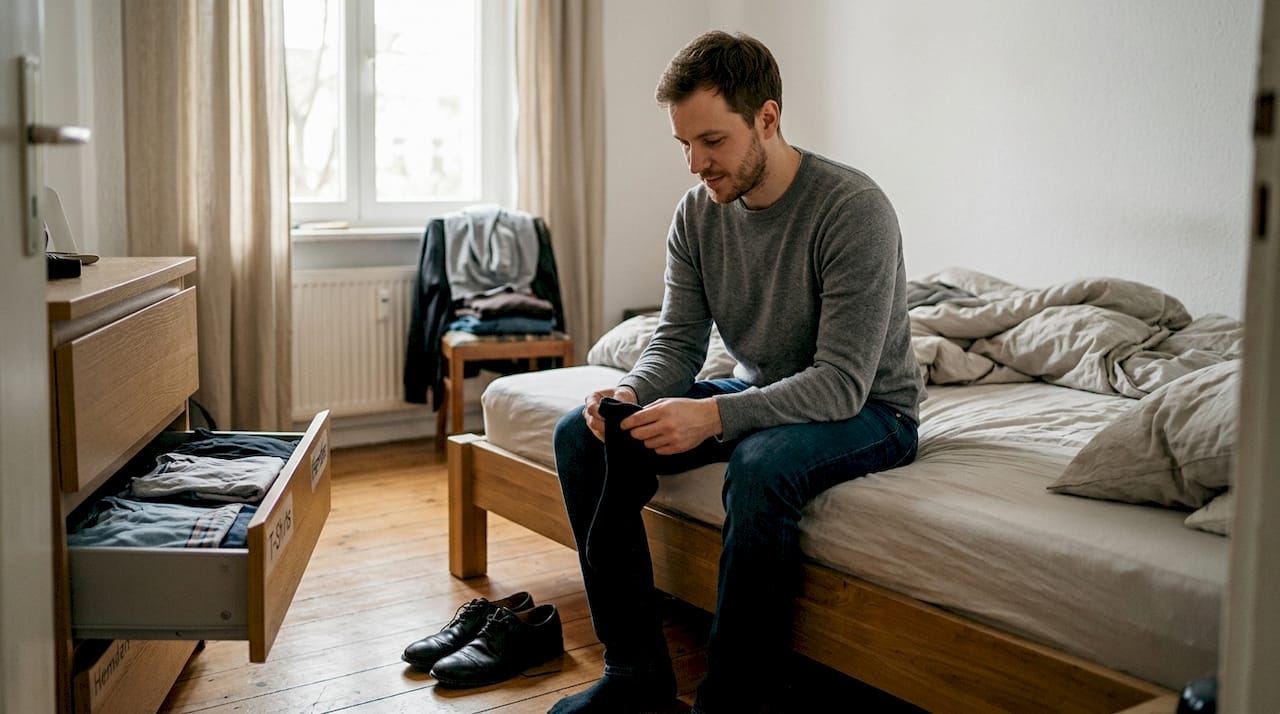 Ein Mann legt sich sein Outfit für den Tag aufs Bett zurecht.