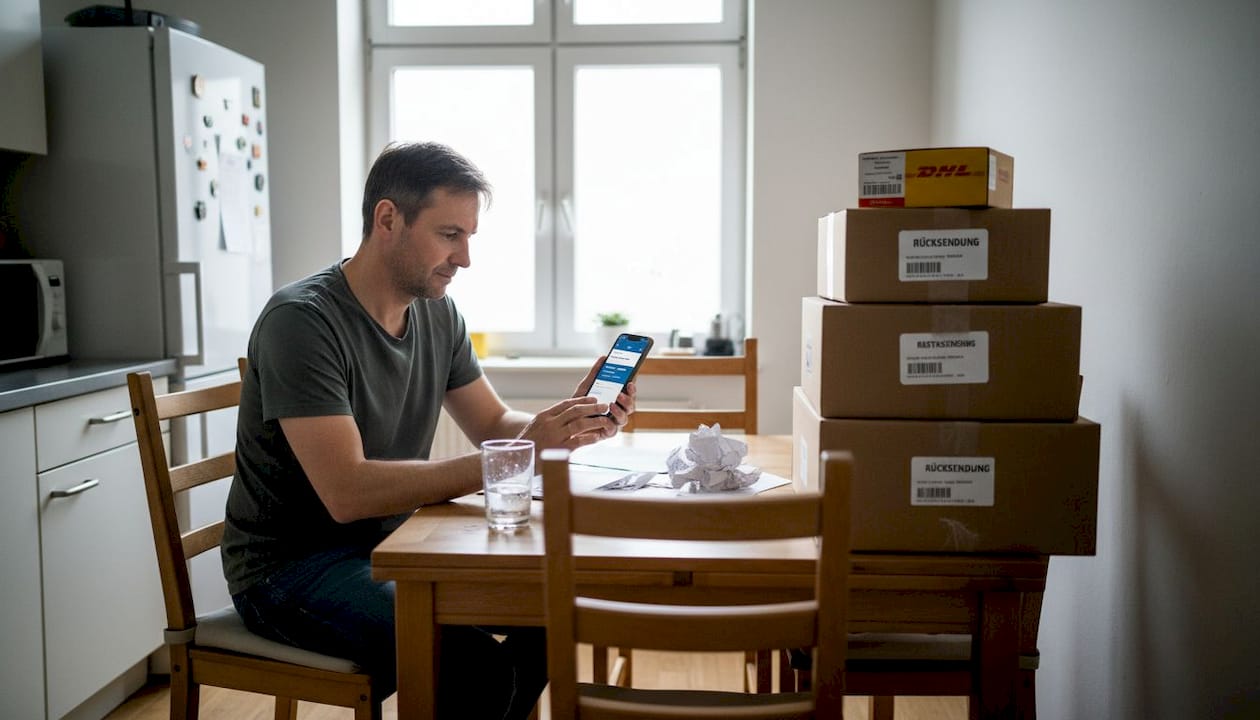 Ein Mann sitzt am Küchentisch und wartet darauf, dass seine Rückzahlung endlich eintrifft.