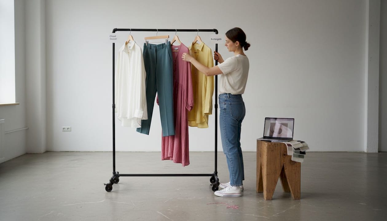 Aktuelle Trendteile auf Kleiderständern im Fotostudio inszeniert