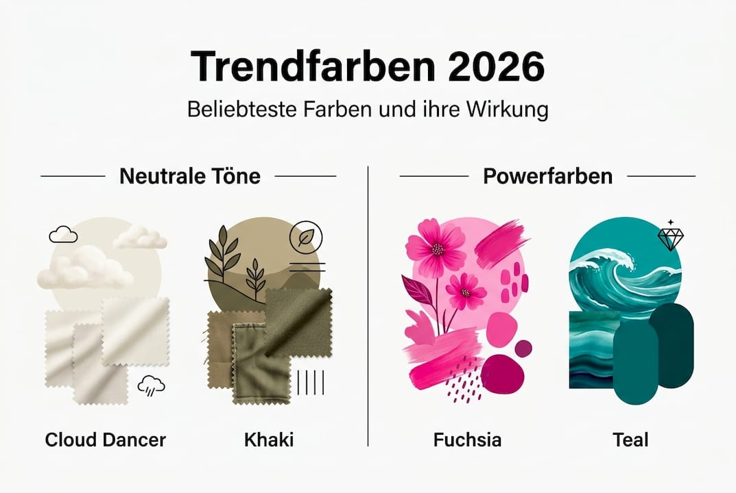 Infografik: Farbtrends 2026 – von dezenten Tönen bis hin zu kräftigen Akzentfarben