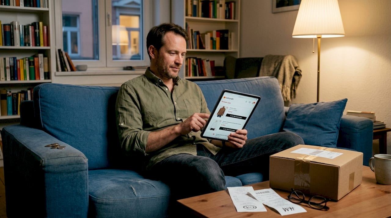 Ein Mann bestellt gemütlich vom Sofa aus neue Kleidung im Internet.
