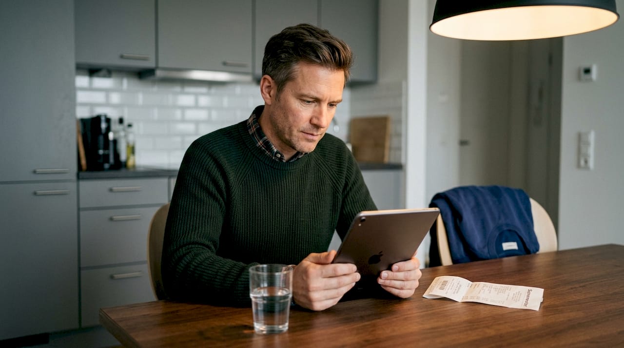 Ein Mann stöbert auf seinem Tablet durch verschiedene Modeangebote und vergleicht die Preise.