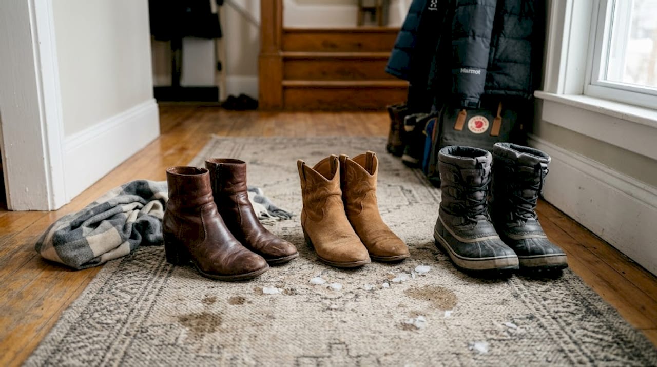 Auf dem Läufer im Flur stehen drei Paar Damenstiefel nebeneinander.