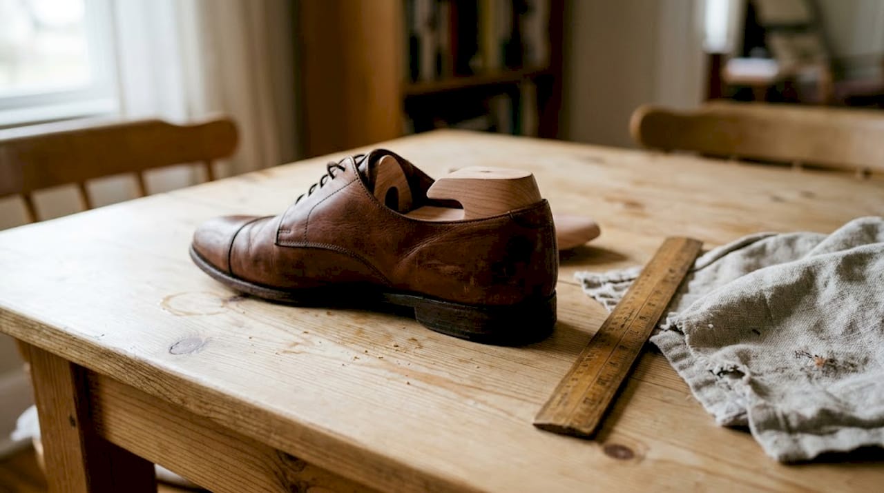 Ein Schuhspanner aus Holz steckt in einem eleganten Lederschuh, der auf einem massiven Holztisch platziert ist.