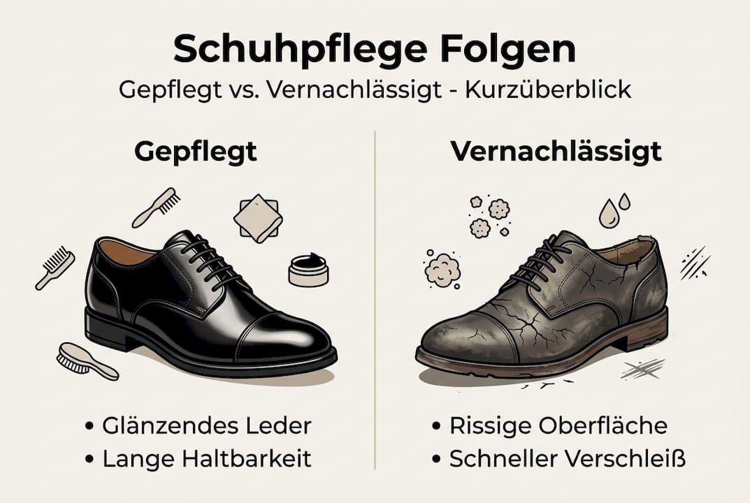 Grafik veranschaulicht, wie sich regelmäßige Schuhpflege auf die Lebensdauer und das Aussehen Ihrer Schuhe auswirkt.