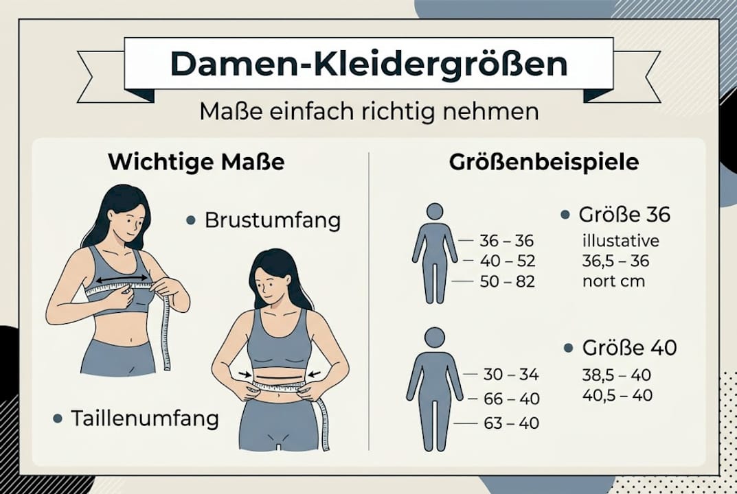 Übersicht der wichtigsten Maßangaben und Größen für Damenkleider auf einen Blick