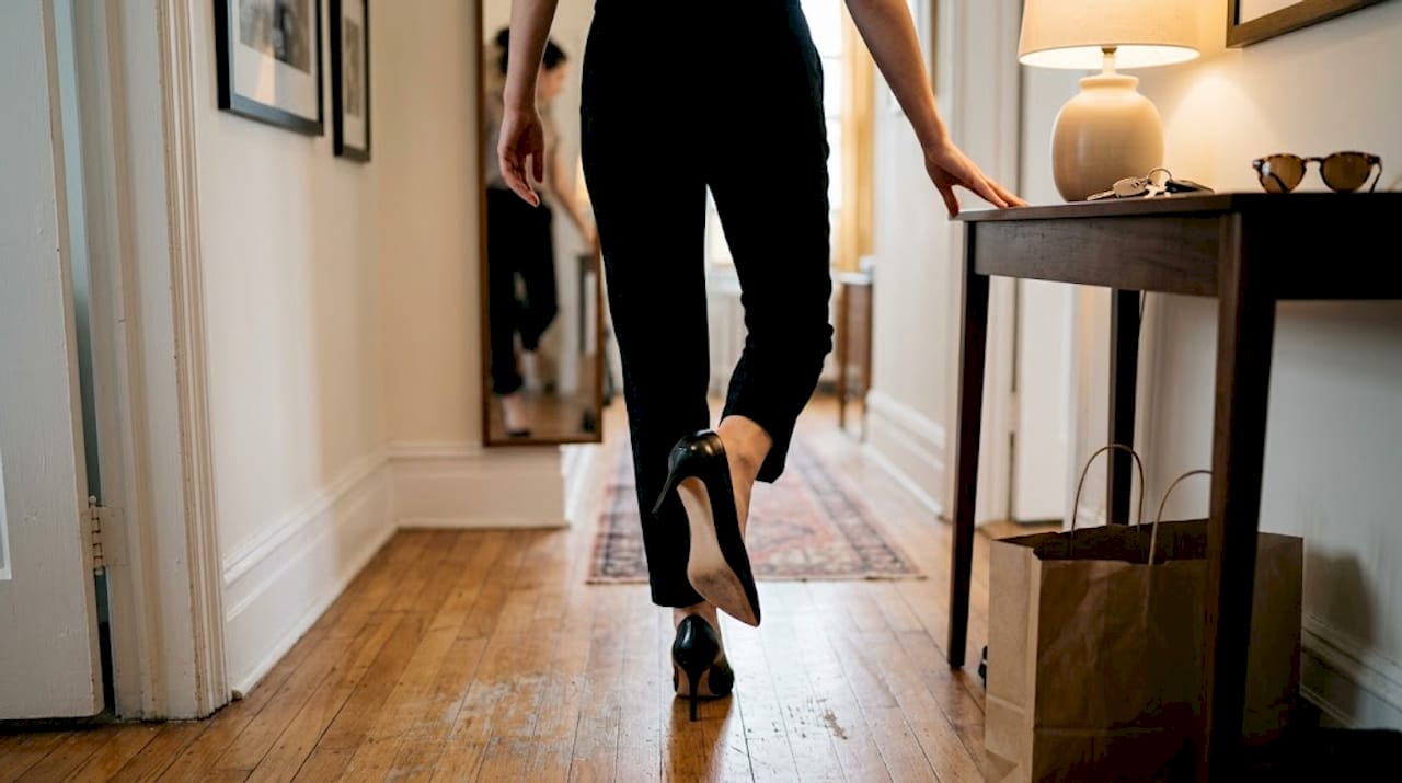Eine Frau schlüpft elegant in klassische schwarze Pumps.