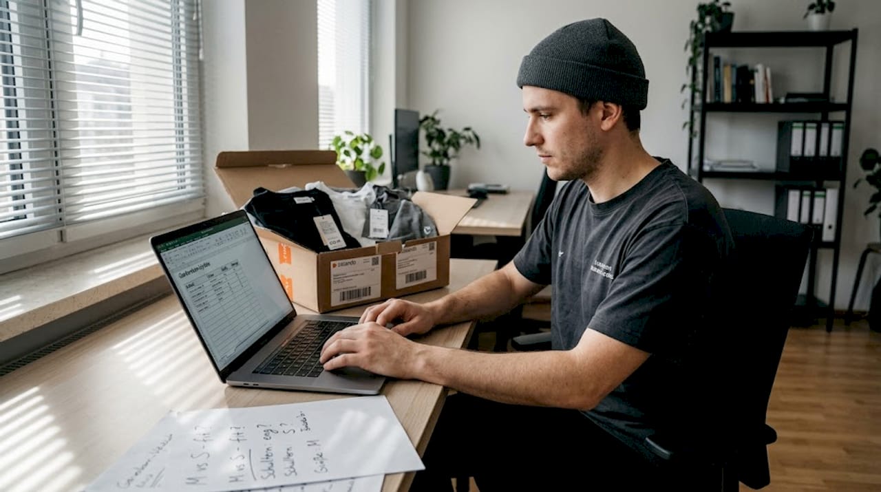 Ein Mann überprüft und vergleicht verschiedene Größenangaben am Laptop.