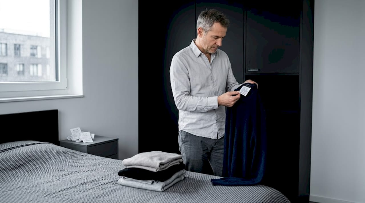 Ein Mann steht im Schlafzimmer und prüft die Etiketten seiner Kleidung.