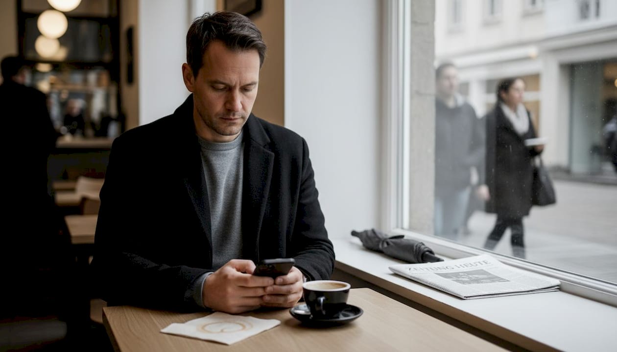 Ein Mann genießt seinen Kaffee im Café und trägt dabei einen angesagten Layer-Look.