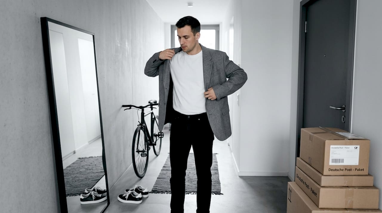 Ein Mann zieht sich im Flur einen oversized Blazer über mehrere Lagen an.