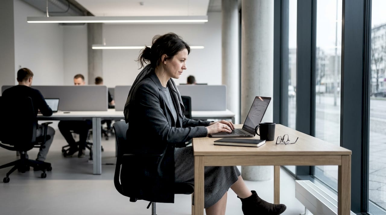Eine selbstbewusste Geschäftsfrau sitzt in eleganten Stiefeln an ihrem Schreibtisch und arbeitet konzentriert.