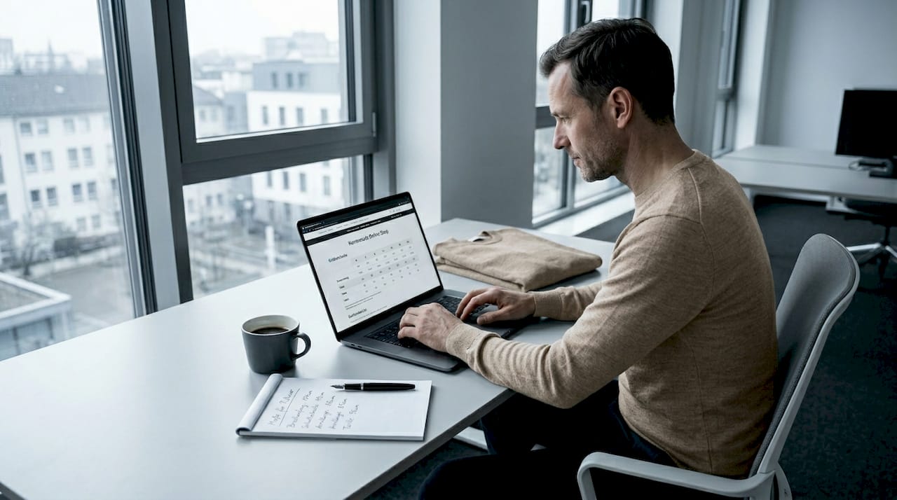 Ein Mann prüft am Laptop die passende Größe in der Größentabelle.