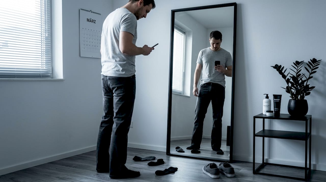 Ein Mann probiert zu Hause eine Bootcut-Jeans an.