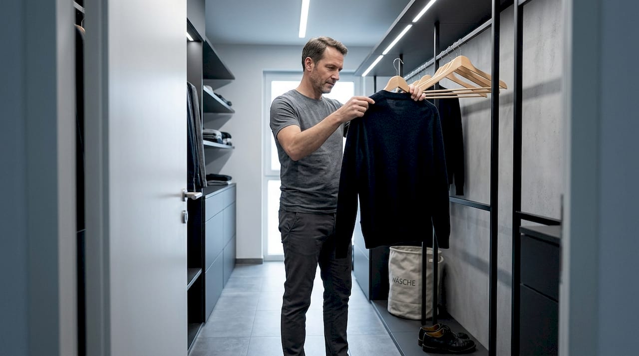 Ein Mann steht vor seinem Kleiderschrank und überprüft seine grundlegenden Kleidungsstücke.