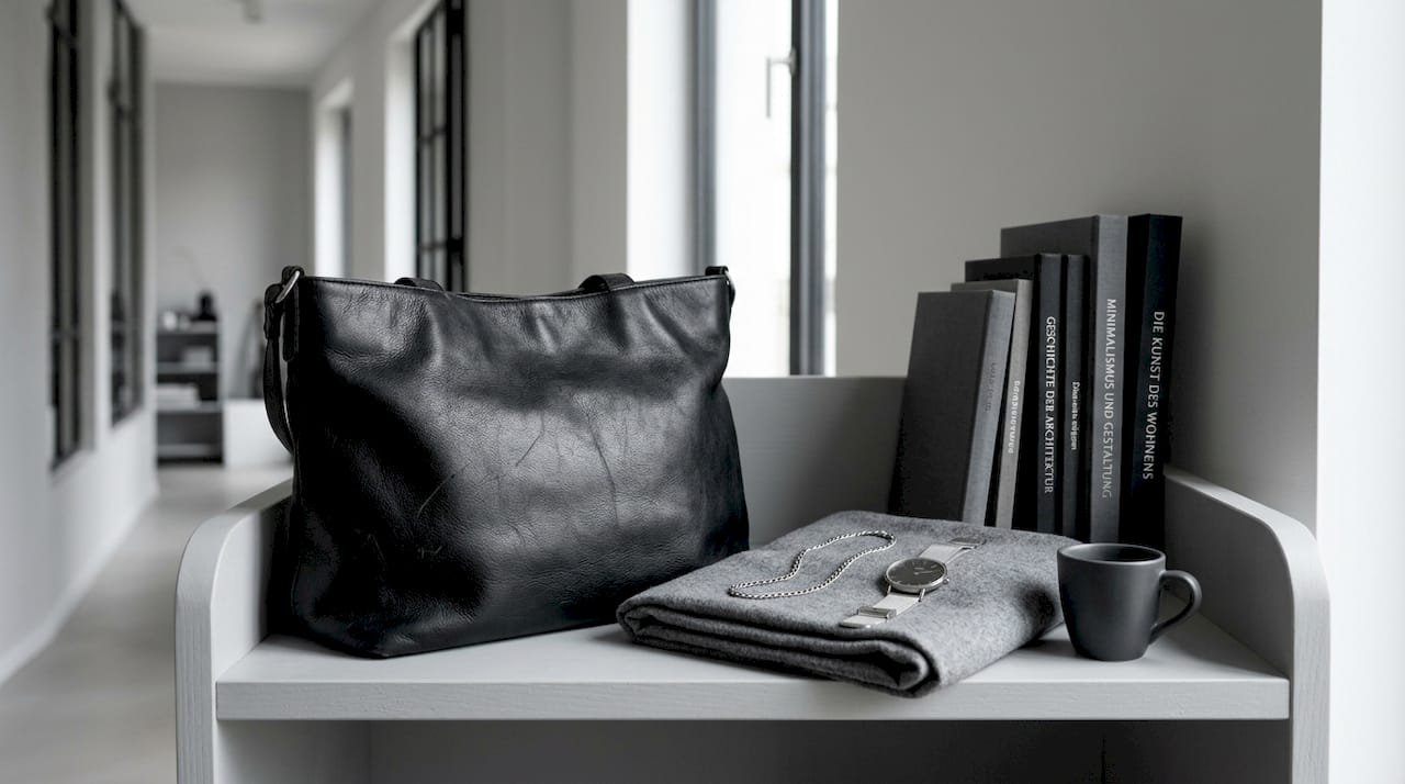 Detailaufnahme einer Lederhandtasche mit passenden Accessoires auf dem Schlafzimmerbett.