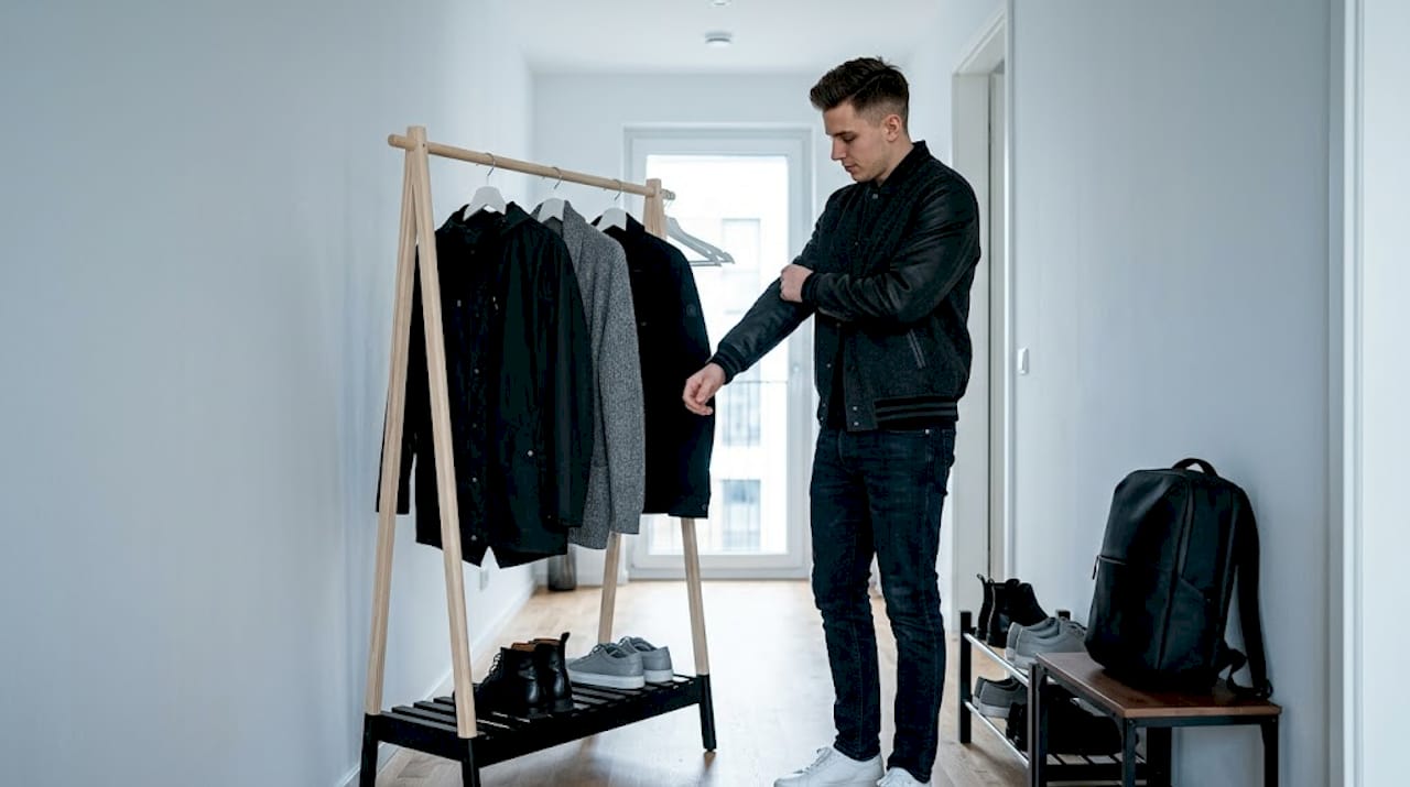 Ein junger Mann zieht sich im Flur eine Collegejacke über.