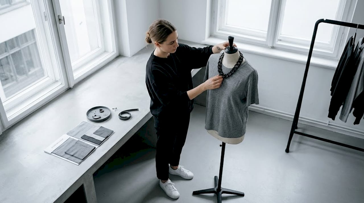 Eine Stylistin richtet eine auffällige Statement-Kette im Studio perfekt aus.