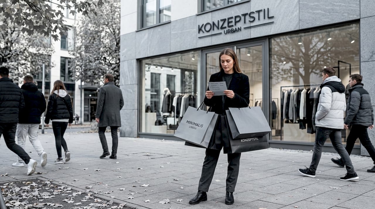 Eine modebewusste Frau auf Shoppingtour durch die Stadt, auf der Suche nach den neuesten Trends der Saison.
