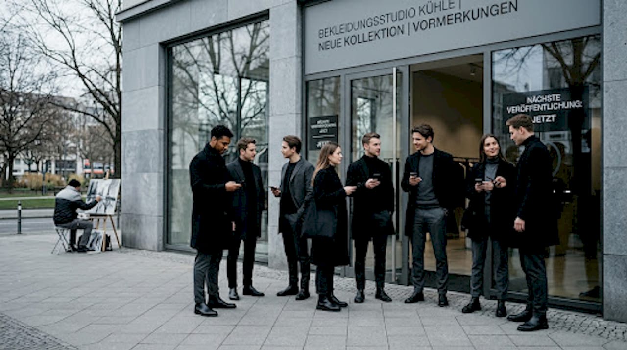 Vor dem Laden hat sich eine Menschenmenge versammelt, die gespannt auf das neueste Fashion-Release wartet.